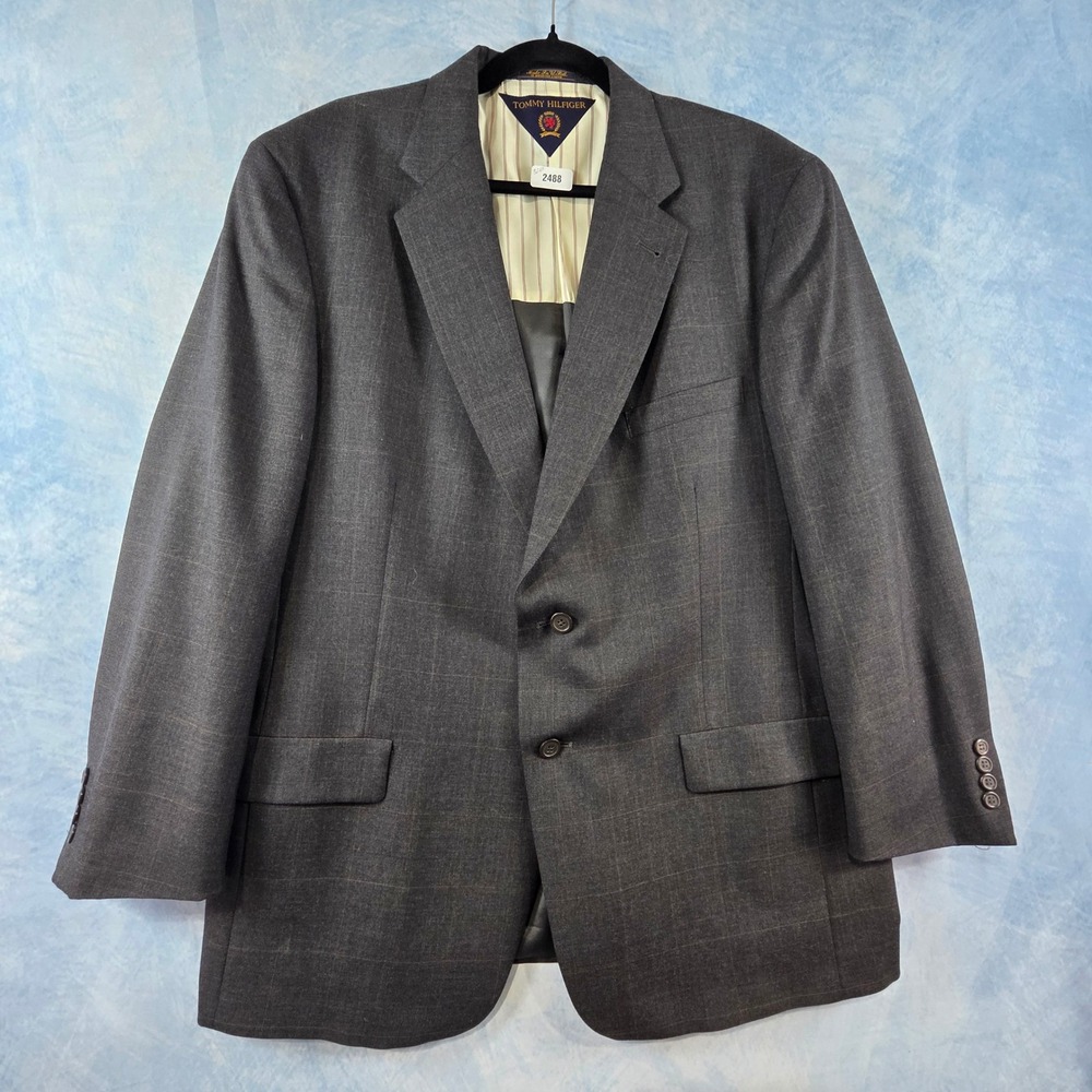Tommy Hilfiger Mens 46R Wool Blazer Charcoal Grey Windowpane Sport Coat USA Made